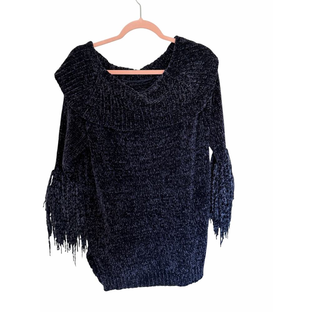 Adore Women's Medium Dark Blue Super Soft Cowl Neck Long Flutter Sleeve Sweater - Picture 6 of 11